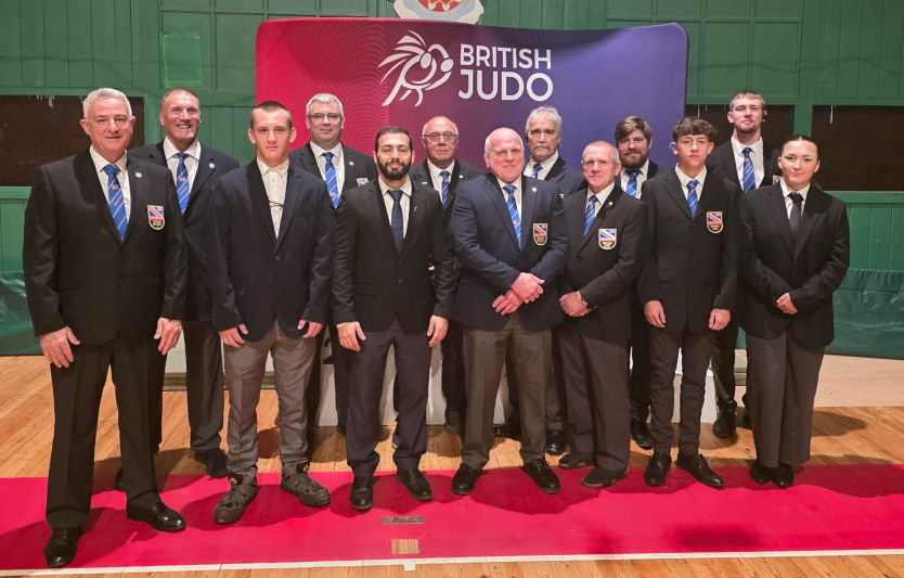 Group of Judo referees stand together for formal group photo at the North Yorkshire Festival 2026